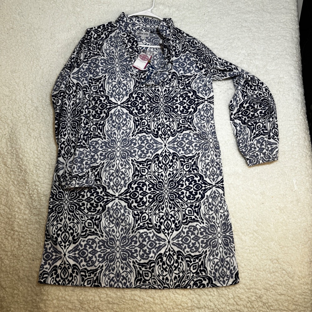 Buckhead Betties Womens BlueMedallion Damask Ruffle V-NeckTunic Dress Medium NWT